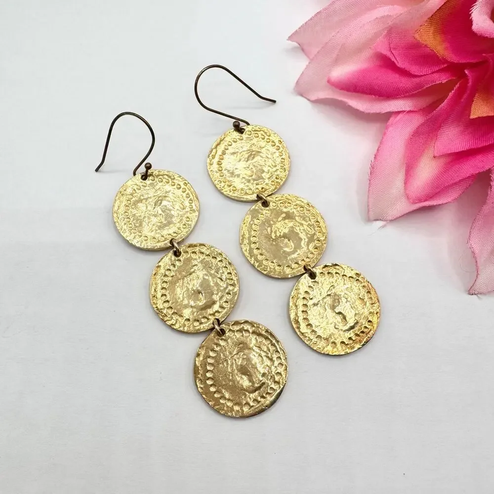 Vintage Ancient Style Golden Coins Linear Dangle Earrings Etruscan Luxe Dusters